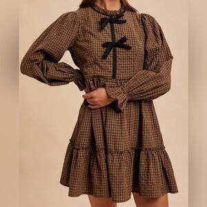 In Loom Brown Plaid Mini Puff Sleeve Dress size S NWT